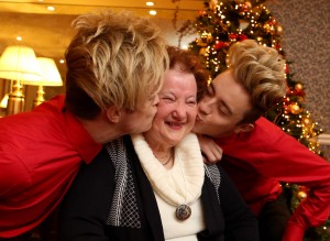 Repro Free: 25th November, 2015 Jedward, CEO of ALONE Sean Moynihan, and older persons supported by ALONE launched the ALONE Christmas Campaign share your presence this Christmas  in the Westin Hotel today. Pictured is Patricia Stanley with Jedward. Picture Jason Clarke.